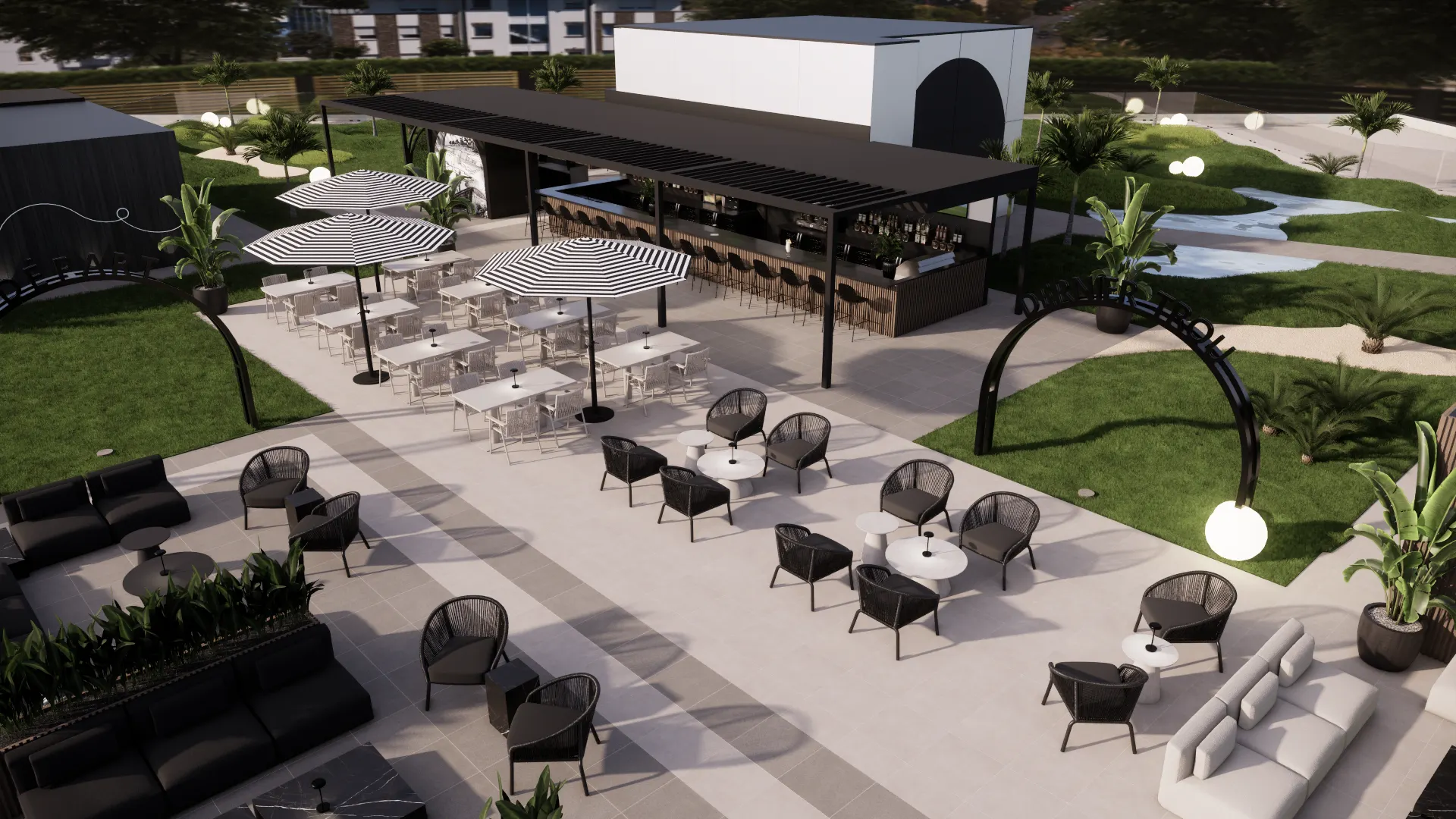 Vue aérienne du rooftop Au 19e avec parcours et terrasse